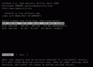 Console du logiciel Testdisk